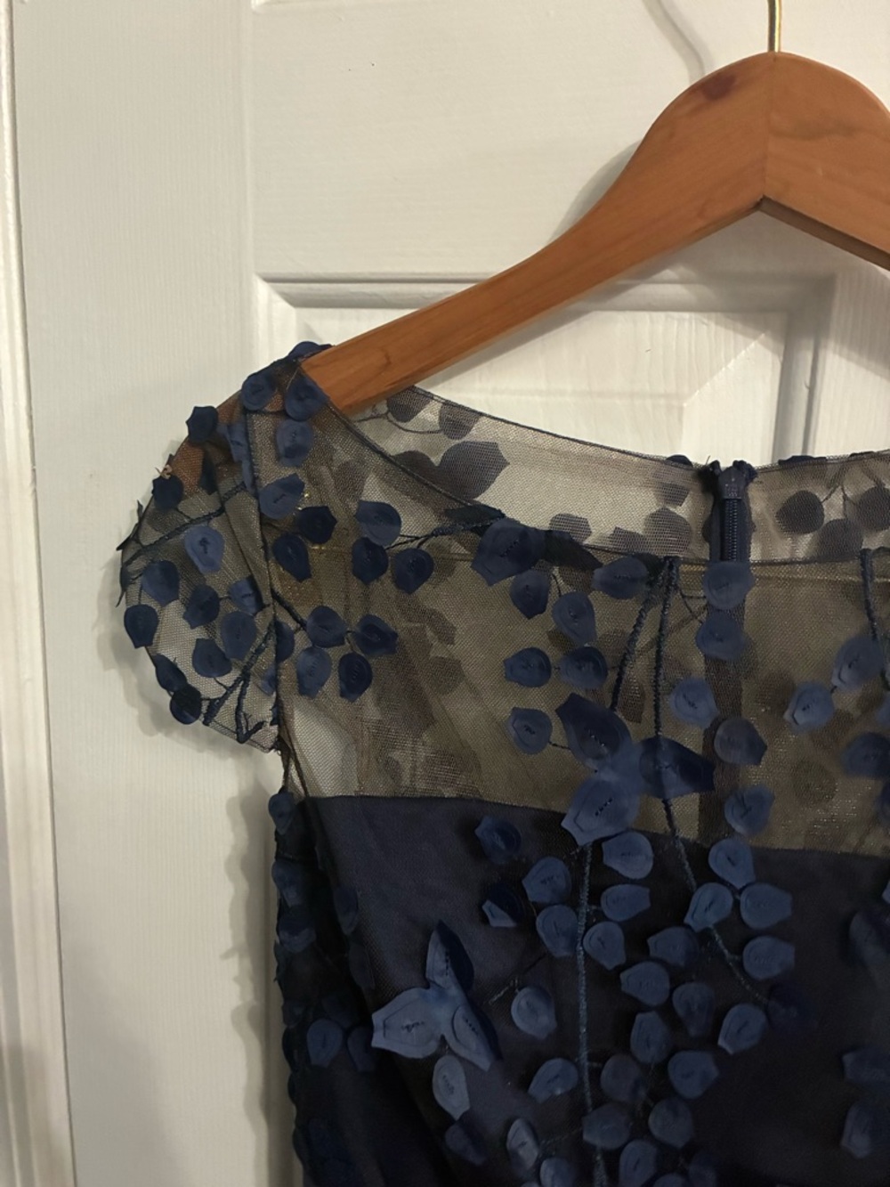 Carmen Marc Valvo Navy Midi Dress with Sheer Yoke and Petal Details - Picture 6 of 9